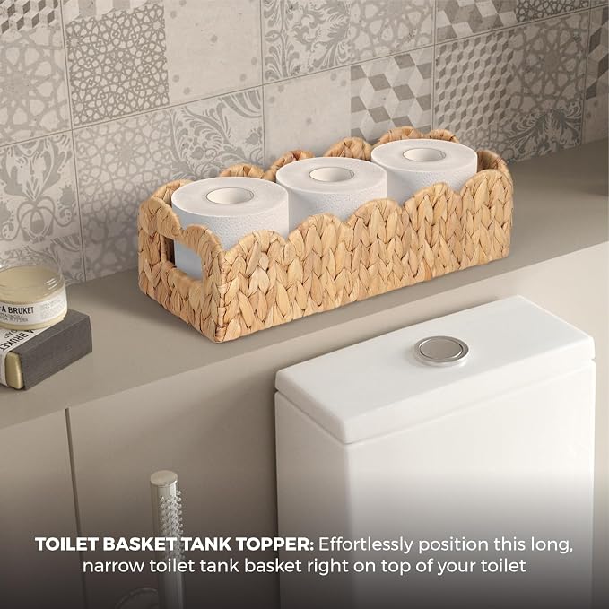 Handwoven Water Hyacinth Scalloped Countertop Storage Basket, Toilet Tank Basket - Image 6