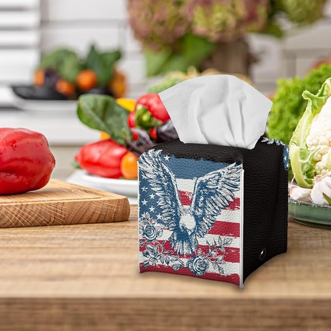 American Flag Eagle Tissue Box Holder Waterproof PU Leather Square Modern - Image 5