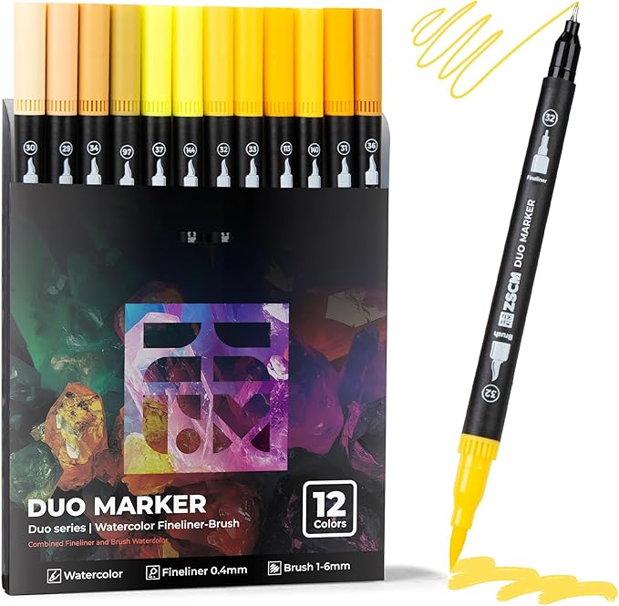 Yellow Duo Tip Marker Pens, 12 Pack Fine & Brush Markers by ZSCM