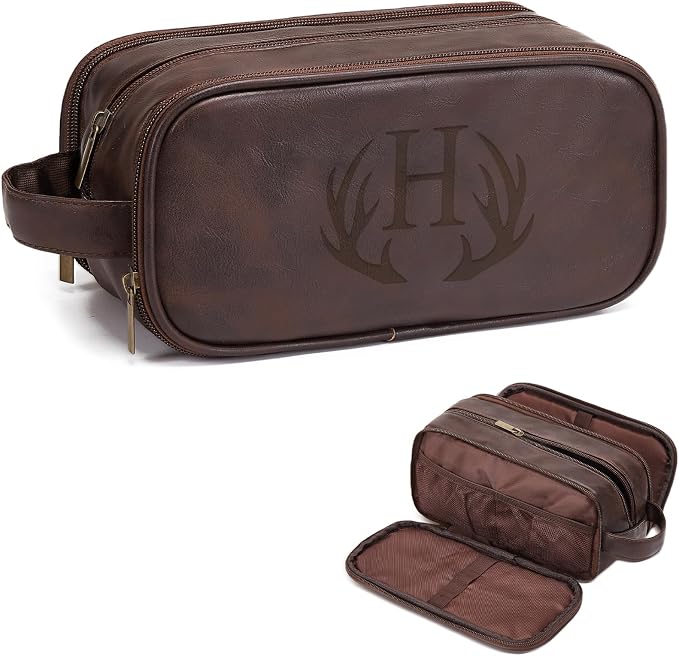Janhavi Leather Toiletry Bag for Men, Gifts for Dad, Engraved Initials & Wheat by Janhavi
