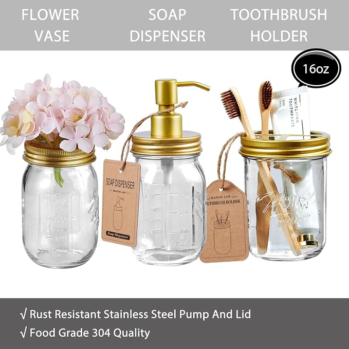 SheeChung 8PCS Mason Jar Bathroom Accessories Set Complete - Image 3