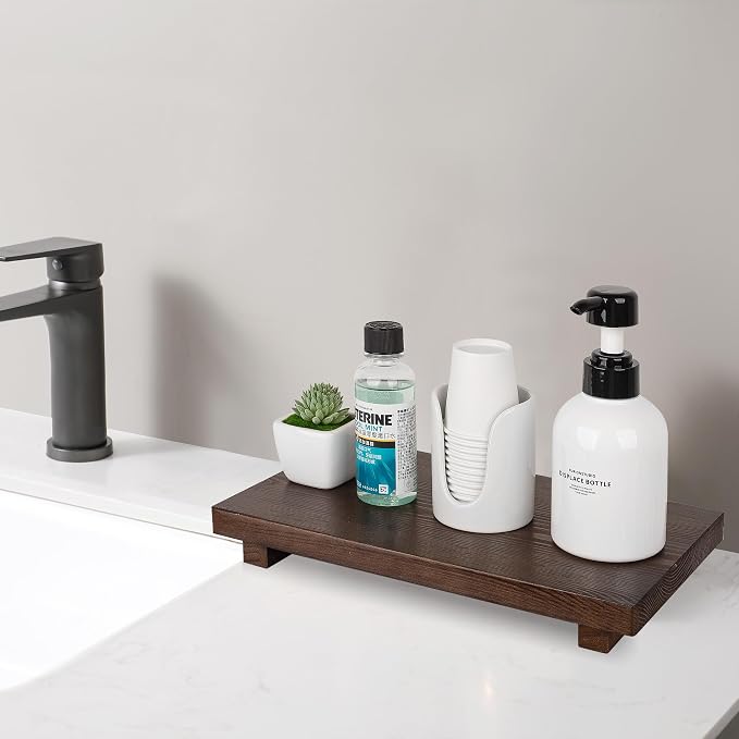 Bathroom Counter Organizer Wood Pedestal Stand Farmhouse Decorative Tray Soap - Image 3
