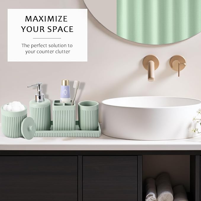 Light Green Bathroom Sets with Shower Curtain and Rugs, 8-Piece Resin Bathroom - Image 5