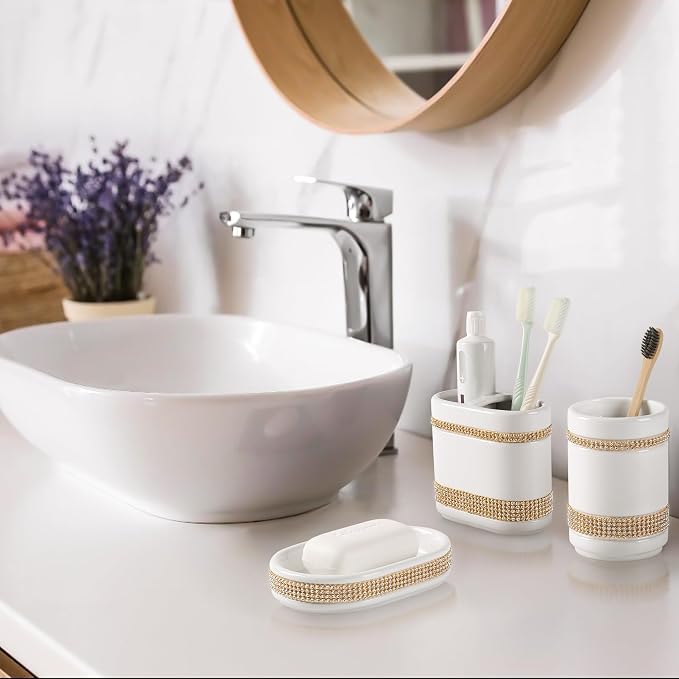 Bathroom Accessories Set with Diamonds 5 Pieces Toothbrush Holder Soap - Image 6