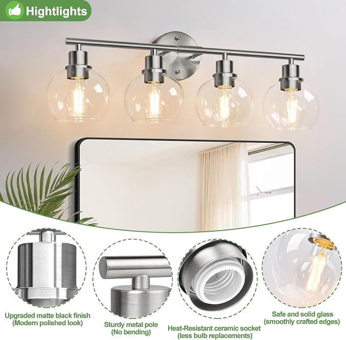 4-Light Bathroom Light Fixtures, Brushed Nickel Modern Vanity Lights Over Mirror - Image 3