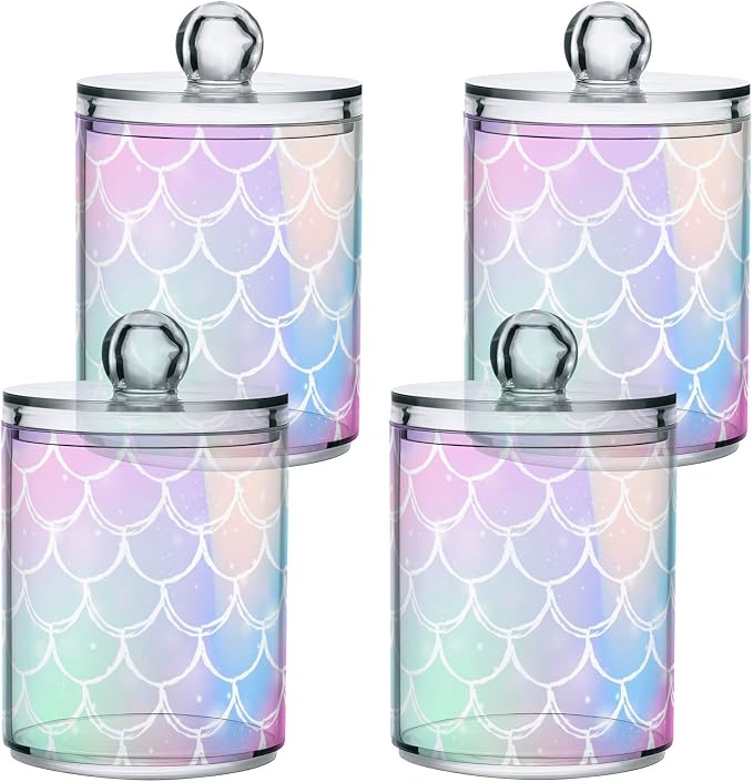 2 Pack Qtip Holder Dispenser for Cotton Ball Rainbow Scales Mermaid Cotton Swab - Image 3