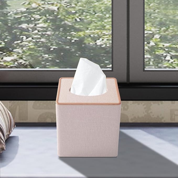 Linen Square Tissue Box Cover, Cube Tissue Box Holder－Excellent Rosegold - Image 2