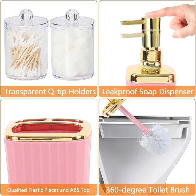 Pink Bathroom Set, Trash Can, Toothbrush Holder, Soap Dispensers, Toothbrush Cup - Image 8