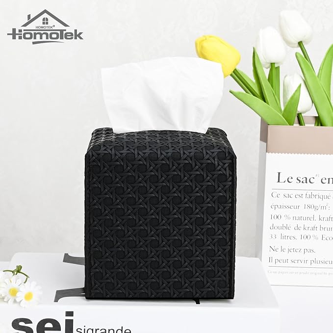 HOMOTEK 2 Pack Tissue Box Cover, Square PU Leather Tissue Holder, Decorative - Image 5