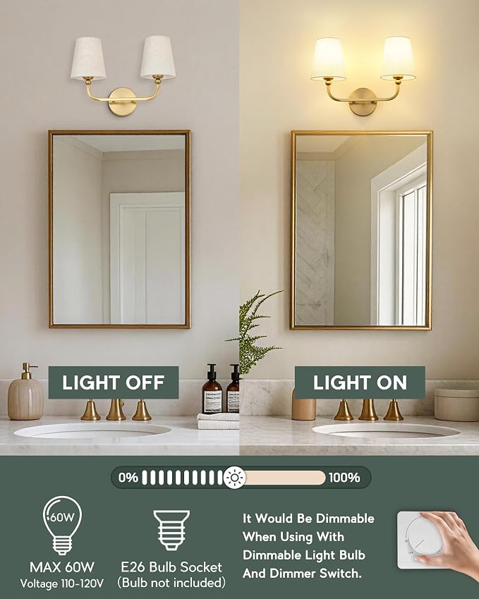 2-Light Bathroom Light Fixtures, Brushed Gold Vanity Lights, Double Wall Sconce - Image 4