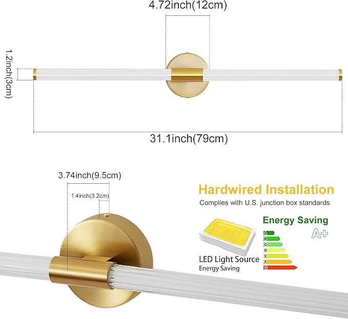 Glod Wall Sconces Set of 2 Hardwired, Dimmable 5CCT LED Bathroom Light Fixtures - Image 7