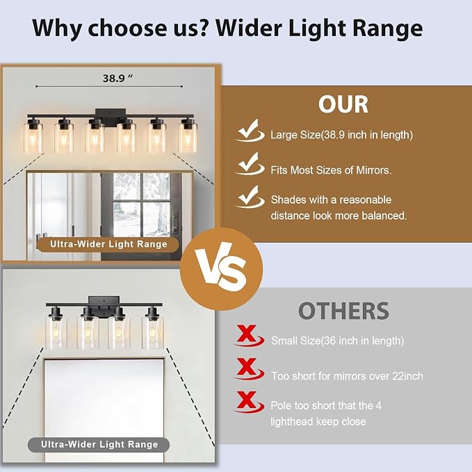 IZORRO Modern Bathroom Light Fixtures, 6 Light Black Vanity Lights, Bathroom - Image 3