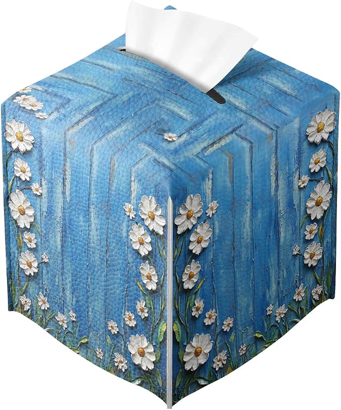 White Flowers Daisy Tissue Box Cover Rustic Floral Wooden Square PU Leather by Unknown
