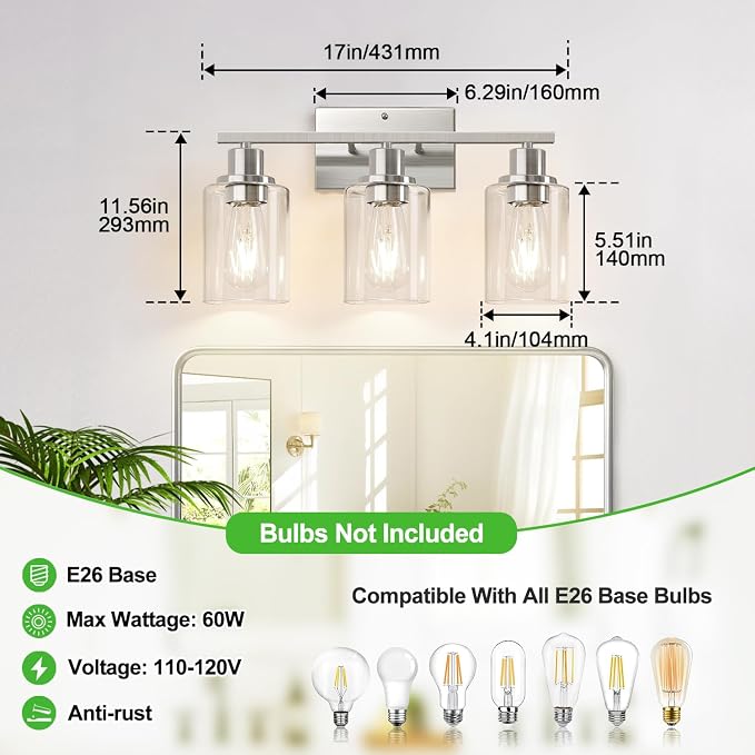 3-Light Bathroom Light Fixtures, Brushed Nickel Vanity Lights - Image 8