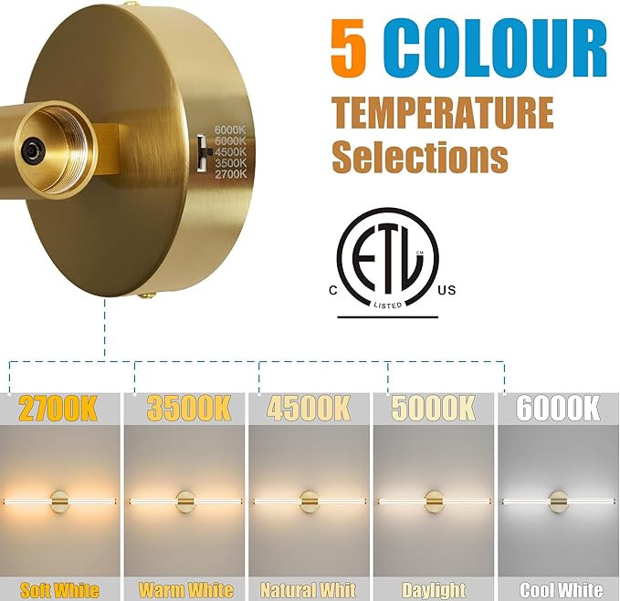 Gold Wall Sconces Set of Two Hardwired, Dimmable 5CCT LED Bathroom Light - Image 3