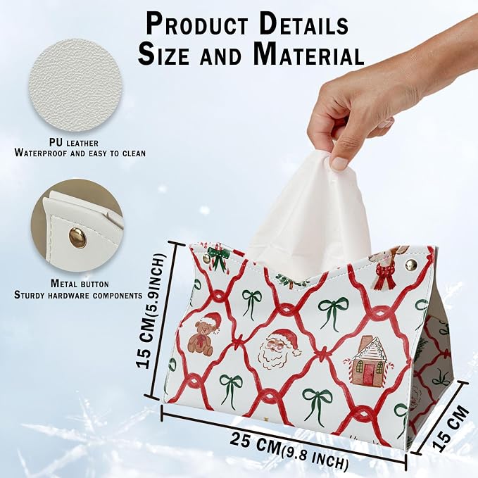 Christmas Tissue Box Cover Rectangle, Santa Bows Winter PU Leather Tissue - Image 5