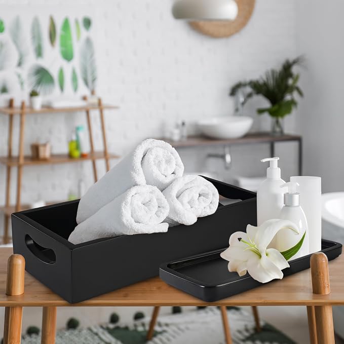 Toilet Tank Tray for Modern Black Bathroom Decor Set of 2 Acacia Toilet Tank - Image 7