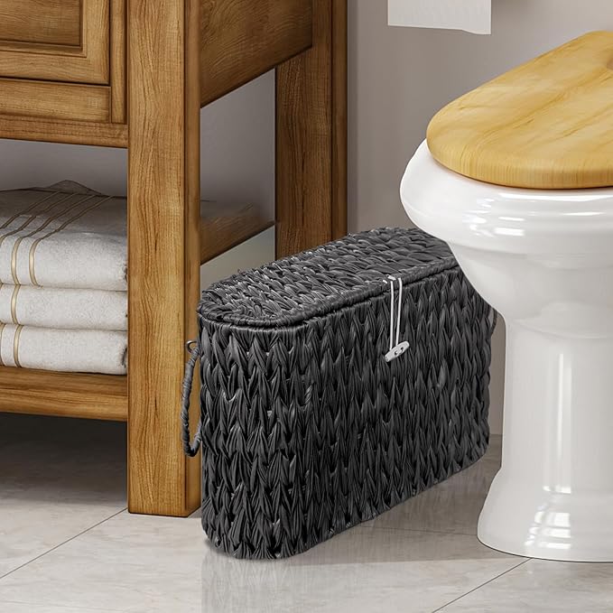 Black Toilet Paper Basket with Lid, Wicker Toilet Paper Storage Stand, Large - Image 2