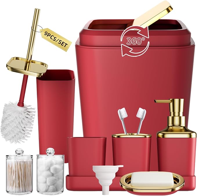 Dark Red Bathroom Accessory Set, 9-Piece Burgundy Bathroom Set by BetterbathroomwithXLHOME