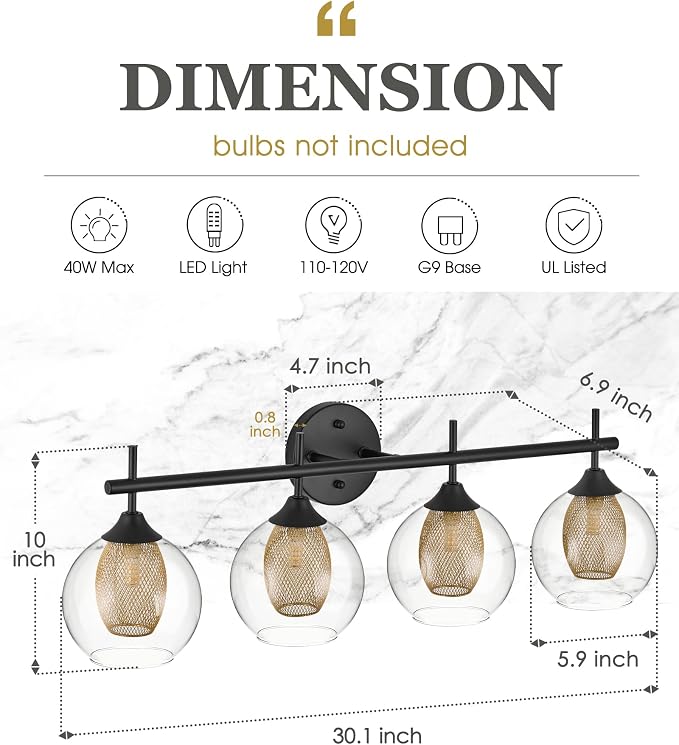 Bathroom Light Fixtures, 4-Light Black and Gold Vanity Lights Over Mirror - Image 2