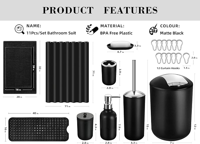 Black Bathroom Accessories Set, Shower Curtain Set - Image 2