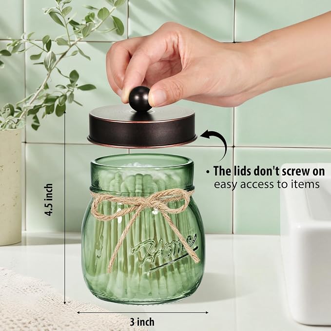 SheeChung Green Glass Qtip Holder Dispenser, Mason Jar Apothecary Jars - Image 3