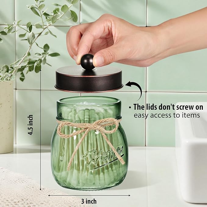 SheeChung Green Glass Qtip Holder Dispenser, Mason Jar Apothecary Jars - Image 3