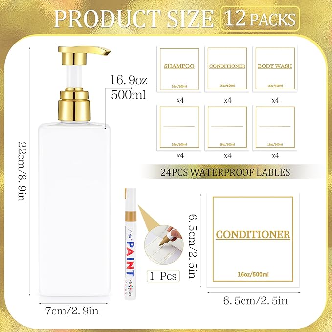 Gejoy 12 Pack White Shampoo and Conditioner Dispenser Bottles, 17 Oz/ 500ml - Image 2