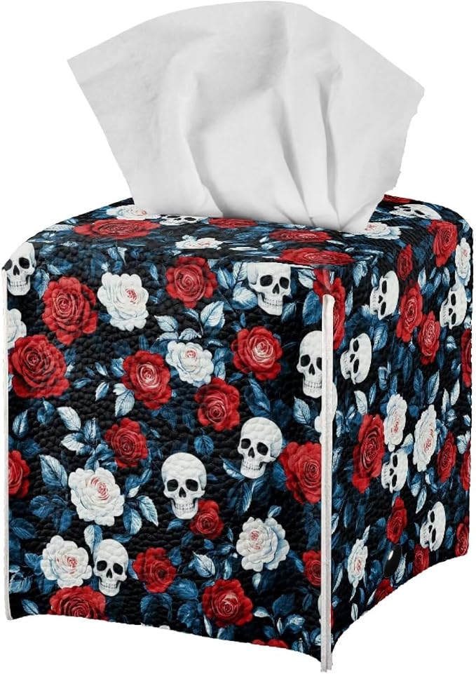 Red Rose Skull Modern Tissue Box Holder, Waterproof Square PU Leather Napkin - Image 2
