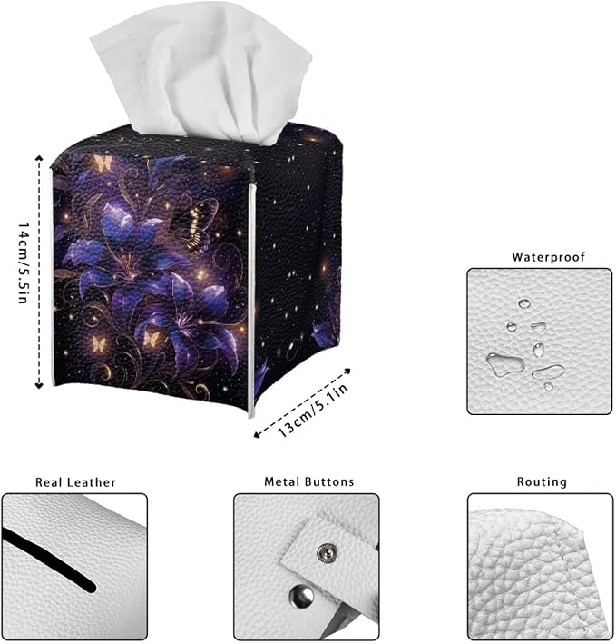 Purple Flower Tissue Box Holder Stylish Leather Square Tissue Box Cover - Image 7