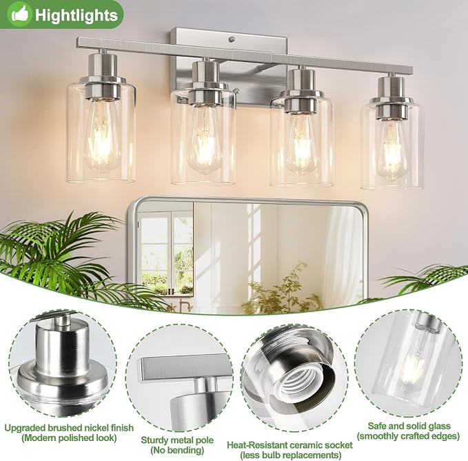 4-Light Bathroom Light Fixtures, Brushed Nickel Vanity Lights - Image 3