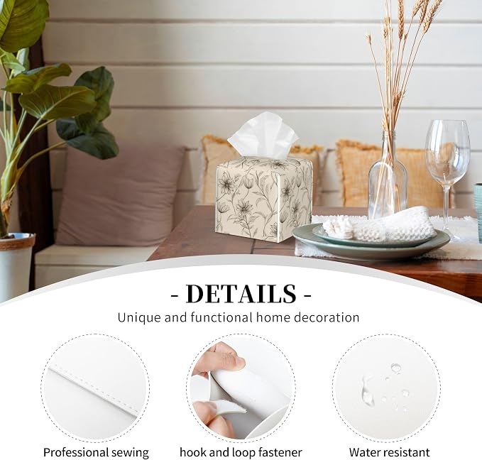 Boho Minimalist Flowers Tissue Box Cover Square, Abstract Line Floral Tissue - Image 3
