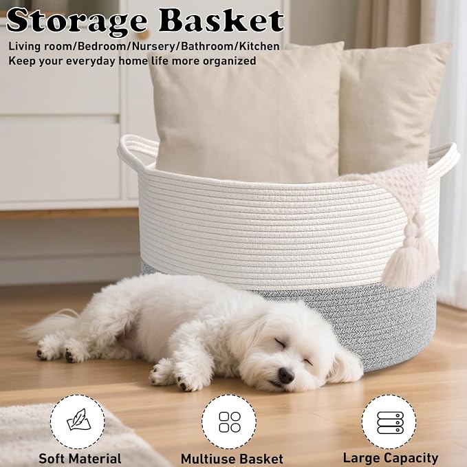 65L Large Blanket Basket, 19.7" L x 19.7" W x 13" H Rope Woven Baskets - Image 6