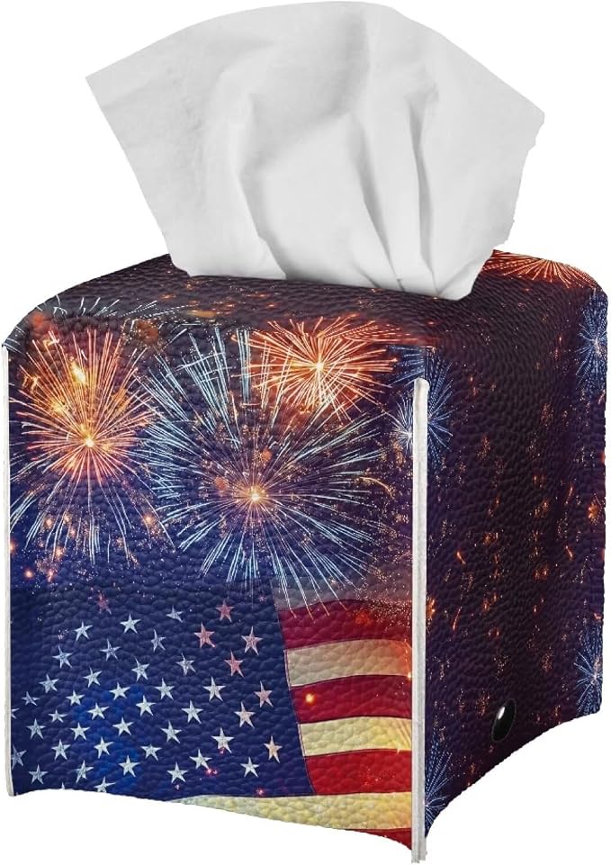 Firework American Flag Tissue Box Holder Square PU Leather Tissue Organizer Case - Image 2