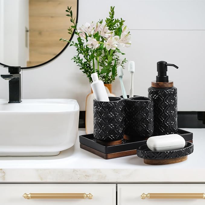 Elegant Bathroom Accessories Set 6 PCS Ceramic and Wood Bathroom Accessory Set - Image 4