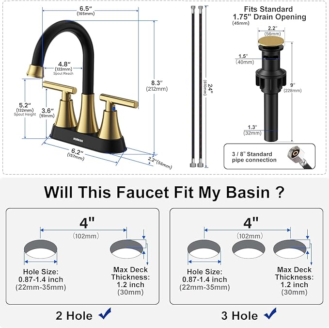 Bathroom Faucets for Sink 3 Hole, Hurran 4 inch Black and Gold Bathroom Sink - Image 6