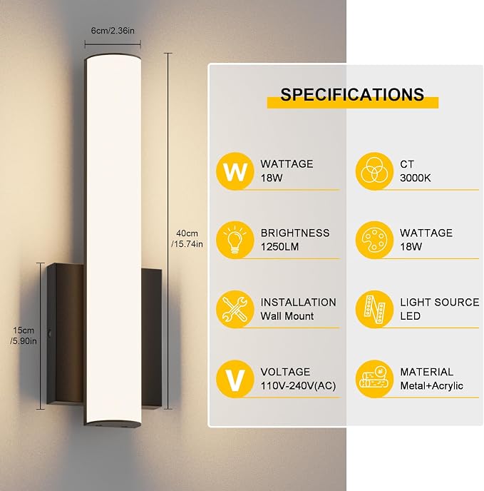 15.7 Inches Modern Bathroom Led Wall Sconces, 18W 3000K Hardwired Wall Light - Image 6