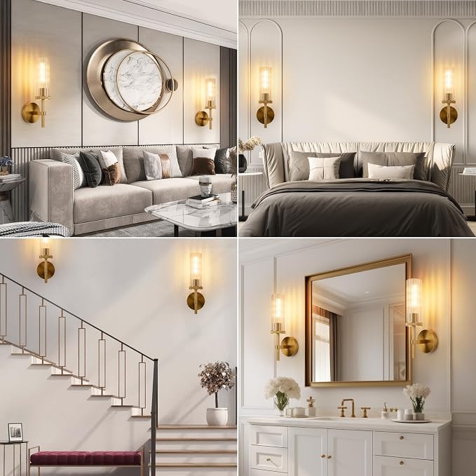 15" Knurled Gold Hardwired Wall Sconces Set of 2, Bathroom Vanity Light Fixtures - Image 9