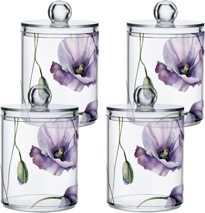 4 Pack Qtip Holder Dispenser Watercolor Flowers Purple Poppies Cotton Ball - Image 3