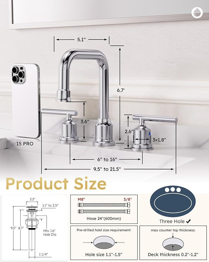 WOWOW Widespread Bathroom Faucet Chrome 8 inch Bathroom Sink Faucet Adjustable - Image 7