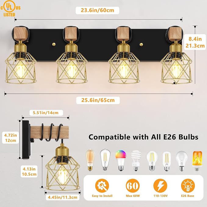 FadimiKoo Farmhouse Bathroom Vanity Light Fixtures, 4-Light Wood Bathroom - Image 2