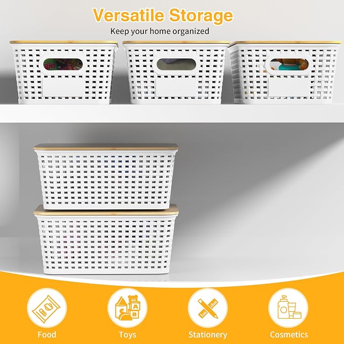 Plastic Storage Baskets with Bamboo Lids and Labels, Stackable Storage - Image 6