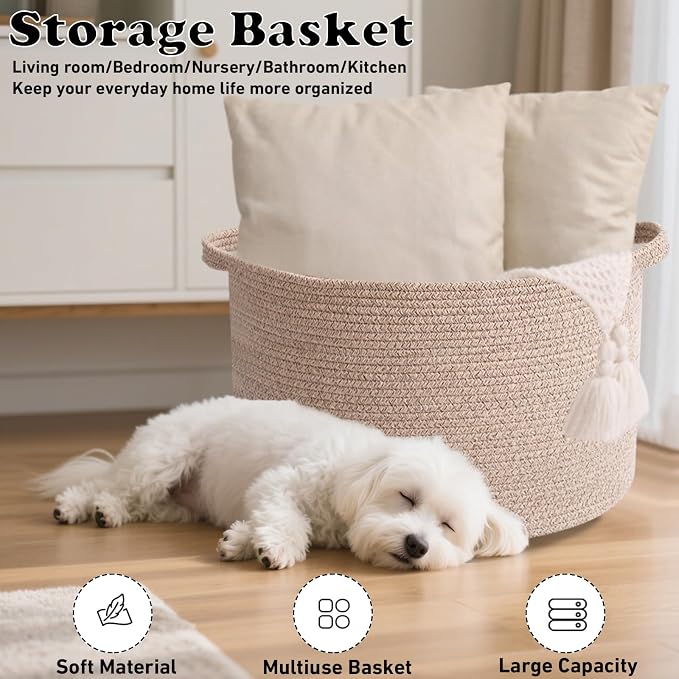 65L Large Blanket Basket, 19.7" L x 19.7" W x 13" H Rope Woven Baskets - Image 6