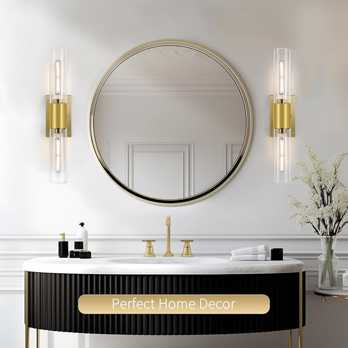 21" Gold Wall Sconces Set of Two, 2-Light Bathroom Sconces Vanity Light Tube - Image 5