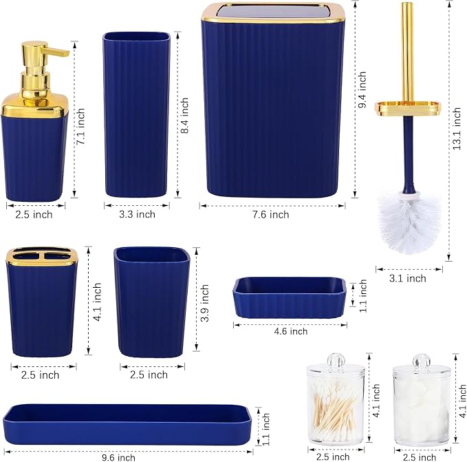 Navy Blue Bathroom Set, Trash Can, Toothbrush Holder, Soap Dispensers, - Image 2