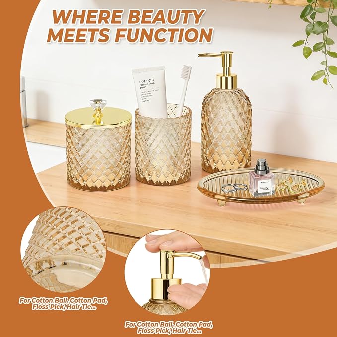 Jenseits Amber Glass Bathroom Accessories Set 4 Pcs - Image 4