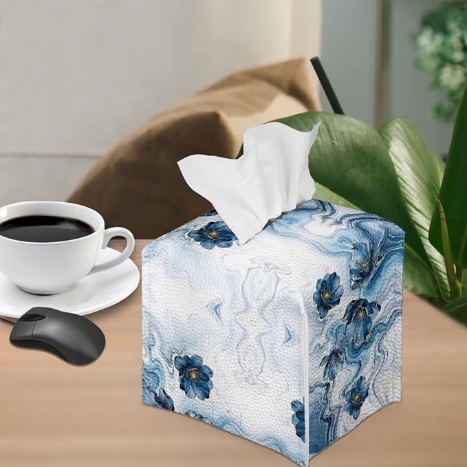 Blue Marble Flower Tissue Box Holder Waterproof PU Leather Square Modern Tissue - Image 4