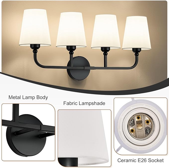 Bathroom Vanity Light, Matte Black Bathroom Light Fixtures, 4-Light Lighting - Image 7