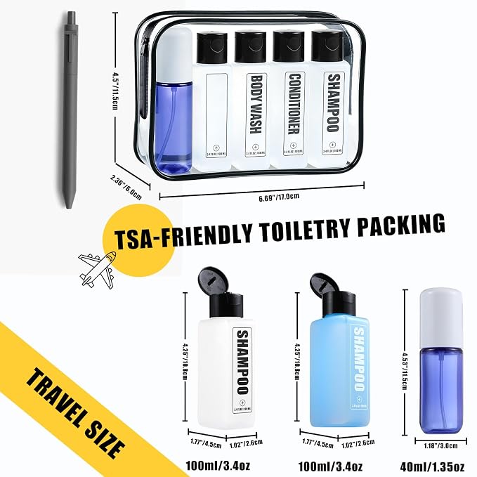 Labeled Travel Bottles for Toiletries, 3.4oz TSA Approved Travel Shampoo and - Image 2
