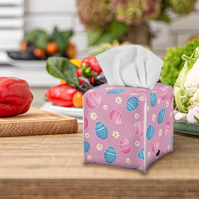 Pink Eggs Flower Tissue Box Case PU Leather Square Modern Asthetic Tissue Box - Image 5